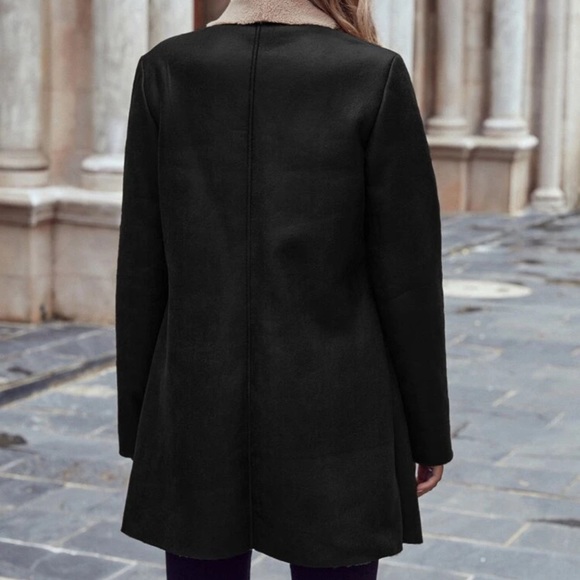 Vegan leather shearling faux fur lined open front jacket coat black cream - Picture 3 of 13